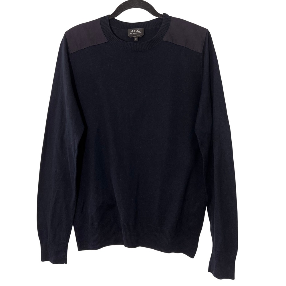 A.P.C. Shoulder Patch Sweater Mens M Navy Blue Crewneck Knit Military Pullover